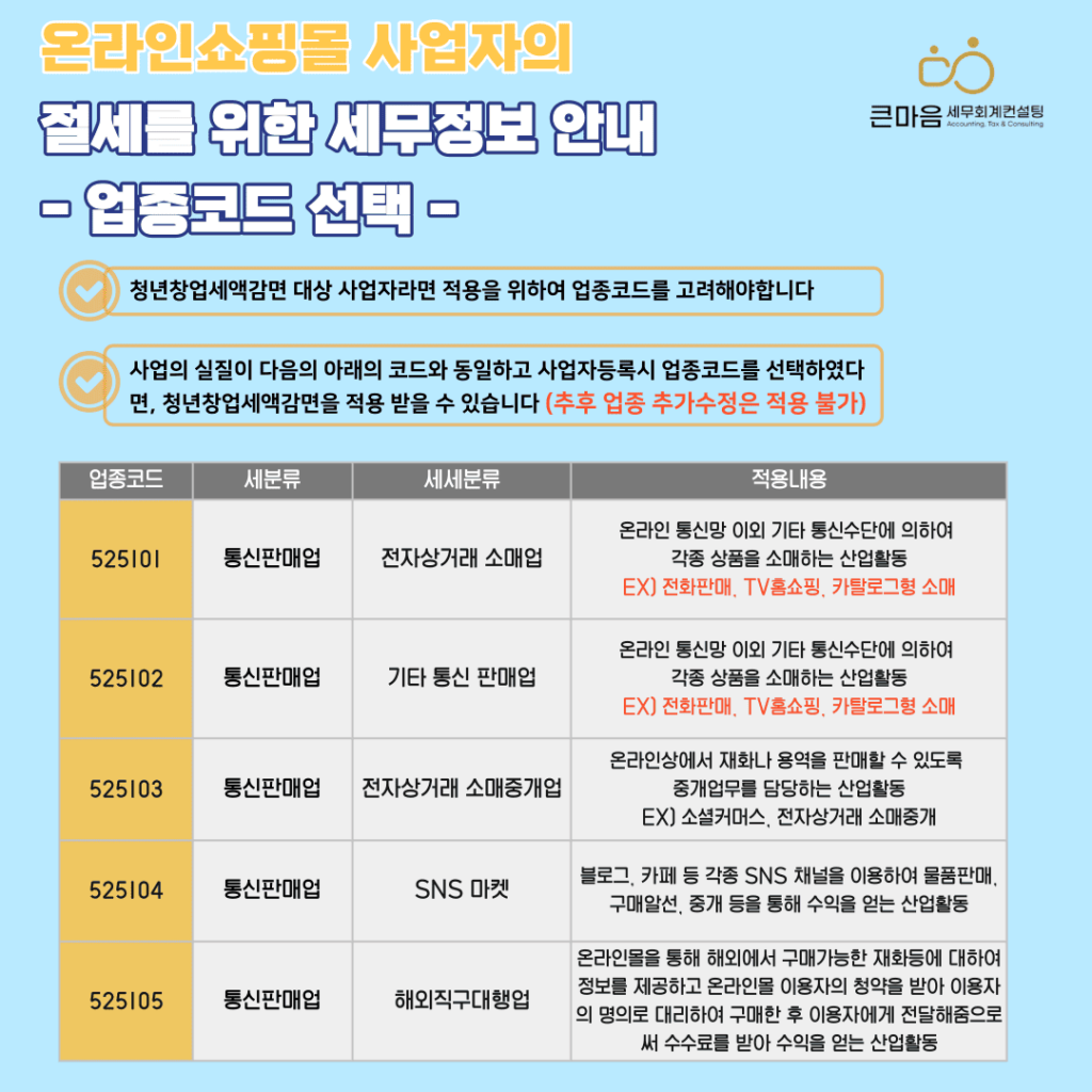 온라인쇼핑몰 청년창업중소기업세액공제 업종코드 - 큰마음세무회계컨설팅