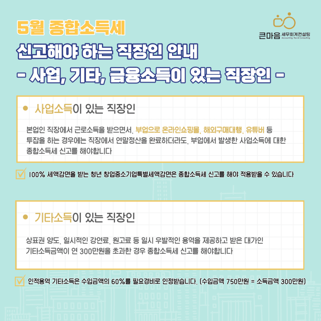 5월 종합소득세 신고가 필요한 사업소득, 기타소득이 있는 직장인