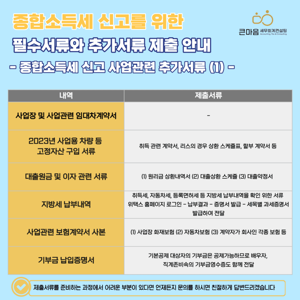 종합소득세 신고, 종합소득세 신고대행 절세위한 추가서류 1 