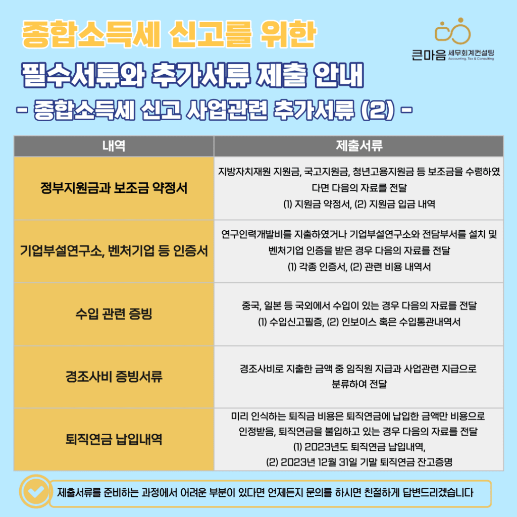 종합소득세 신고, 종합소득세 신고대행 절세위한 추가서류 2