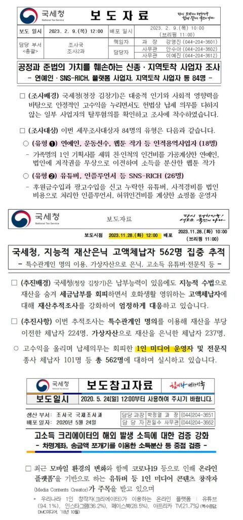 유튜버, 크리에이터 세무조사 대상 사례 세무관리 필요