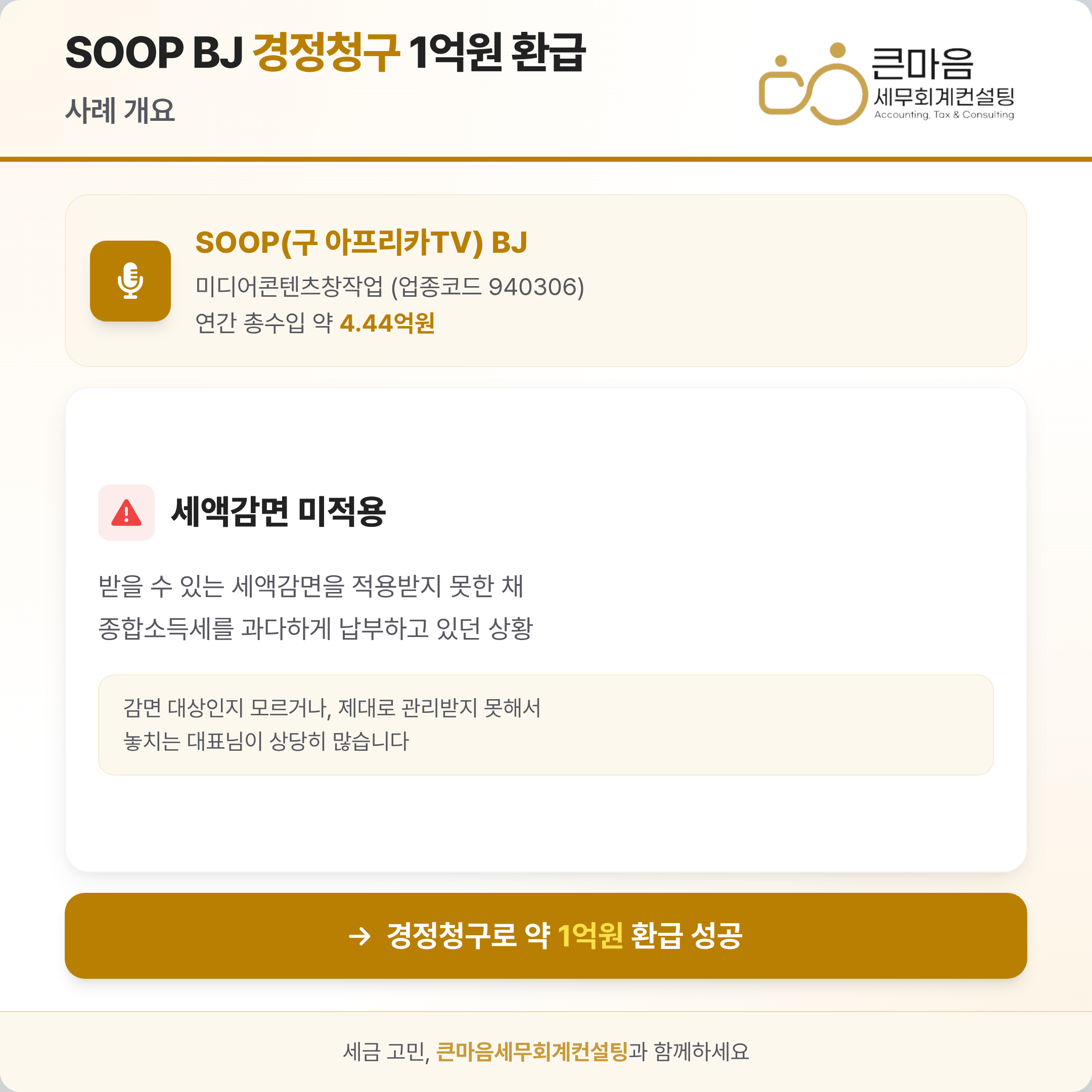 SOOP BJ 경정청구 1억원 환급 사례 개요 인포그래픽