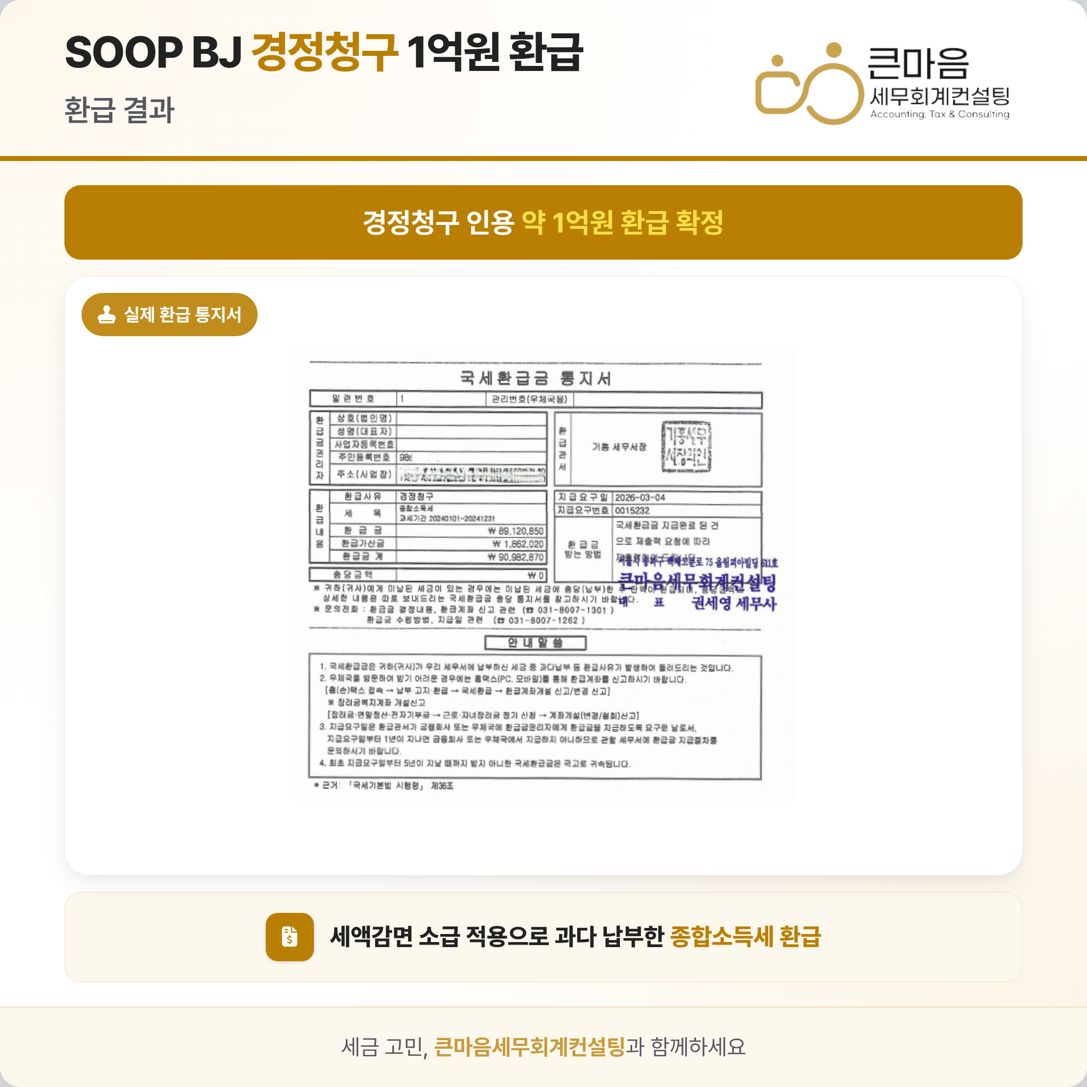 SOOP BJ 경정청구 약 1억원 환급 통지서 및 결과 요약