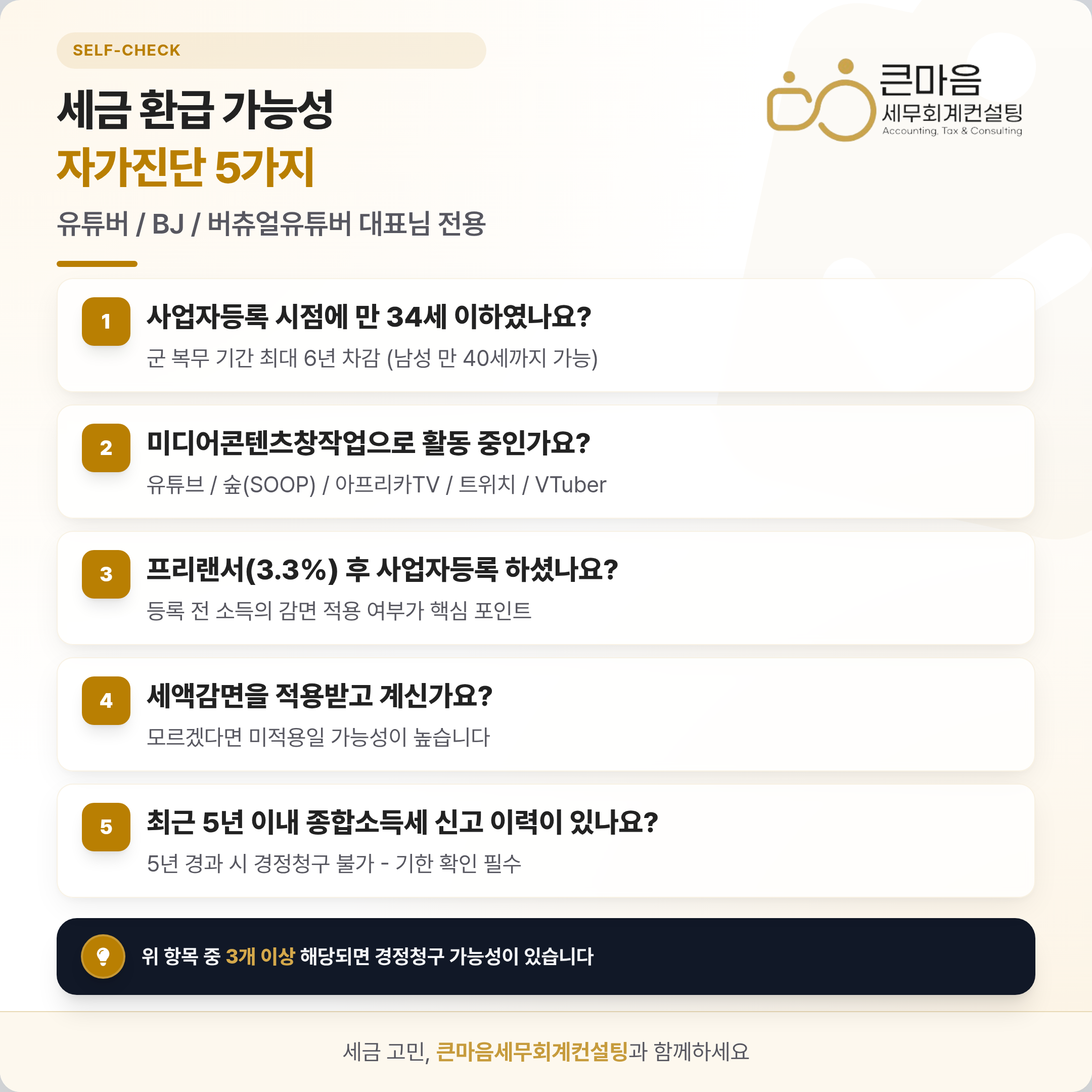 유튜버 BJ 버츄얼유튜버 세금환급 자가진단 5가지 체크포인트 인포그래픽